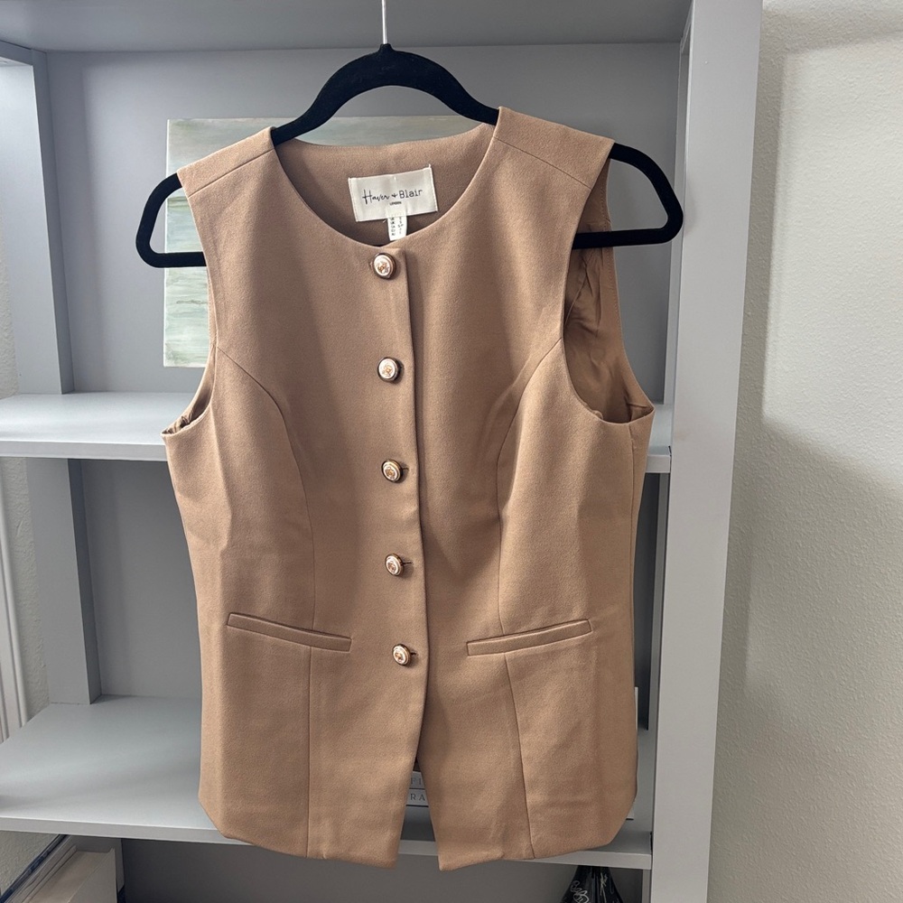 Tan Button Down Sleeveless Vest with ornate vintage buttons. Office ready